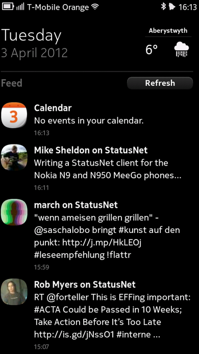 StatusNet messages in the MeeGo events feed